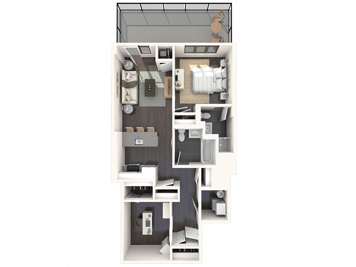 Floor plan for 1 bed, 2 baths, 857 sqft